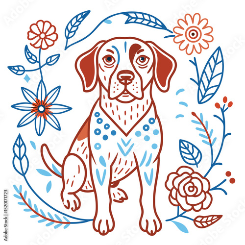 Floral Beagle Dog Illustration A Charming Art Print Featuring a Beagle Dog Surrounded by Flowers