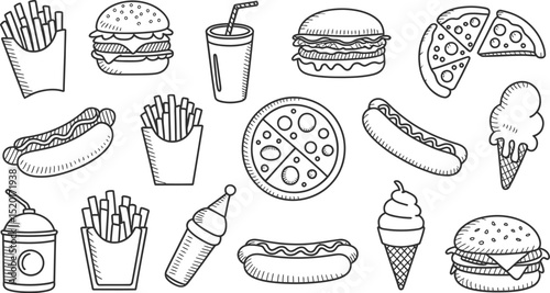 Black and white line art illustration of various fast food items on a white background