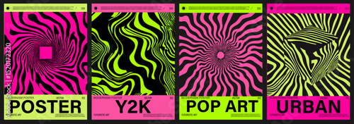 Vector posters in a modern Y2K pop art style, using neon palette with black hypnotic lines, waves, and optical illusions, reflecting current retro-futuristic trends in design.