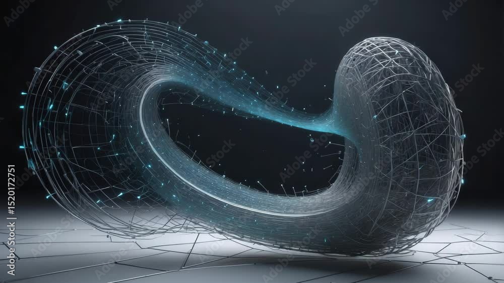 Abstract 3d rendered structure with glowing blue light flowing through complex network of lines against dark background