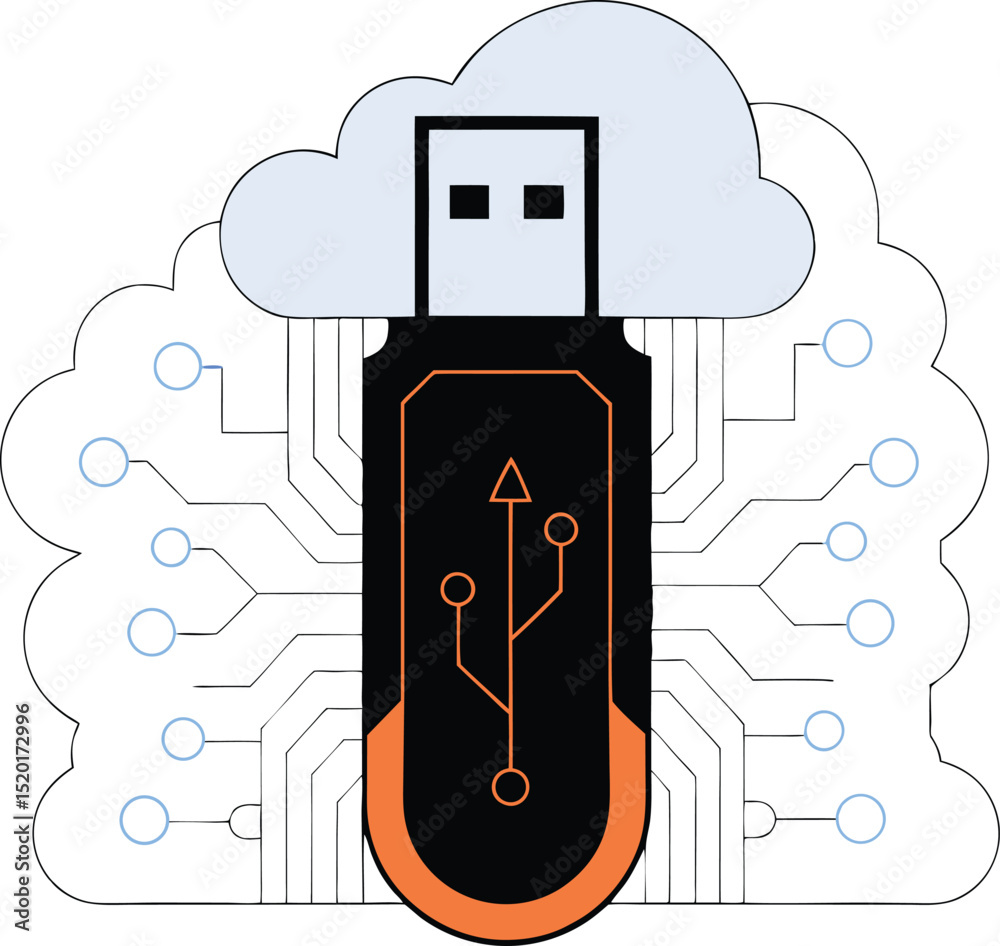 Cloud data storage and usb drive synchronization concept illustration design