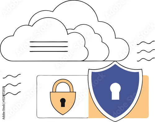 Cloud data security protection with shield lock and cloud storage icon