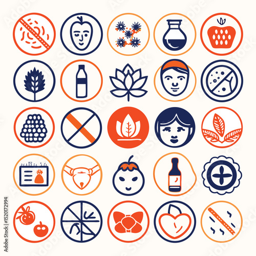 Natural Skincare Icon Set of Organic Ingredients and Allergen-Free Products