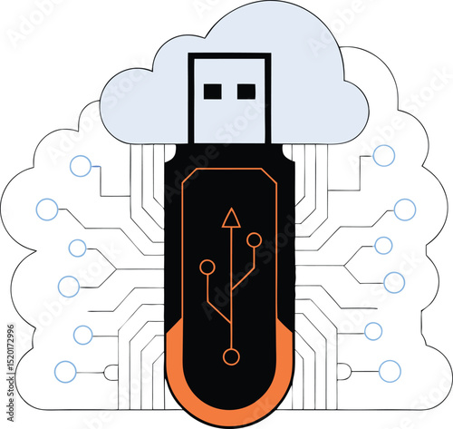 Cloud data storage and usb drive synchronization concept illustration design