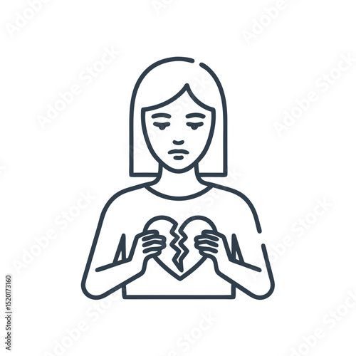Young woman holding broken heart illustration with sad expression  
