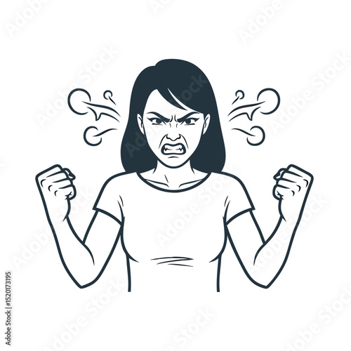 Angry woman demonstrating frustration with clenched fists and scowl  