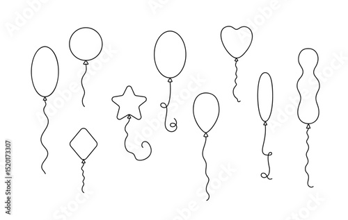 Balloons kid's toy or element of festive decoration set, hand drawn line art illustration, birthday party, anniversary, surprise gift, holiday event objects of different shapes collection