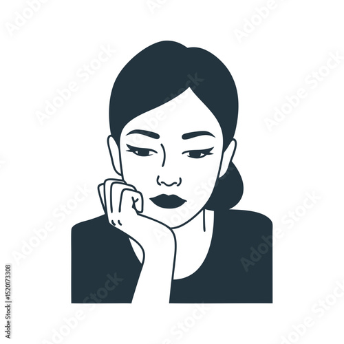 Thoughtful woman resting chin on hand with a pensive expression  