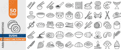 50 Sushi and Seafood Line Icons – Editable Stroke Vector Set with Chopsticks, Rice, Nori, Caviar, and Sushi Rolls