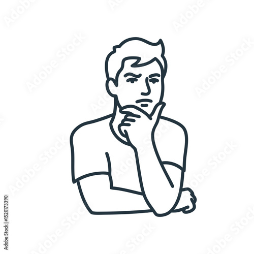 Thoughtful man pondering with hand on chin illustration  