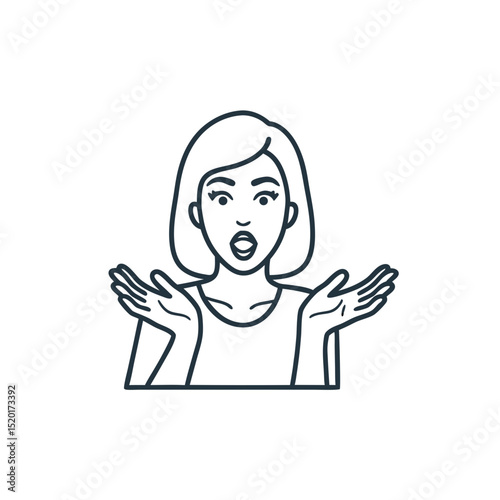 Young woman expressing surprise with open hands in line art style  