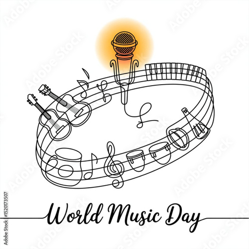 World Music Day Continuous one-line drawing Musical instruments and music notation icons. Vector art design isolated on white background.

