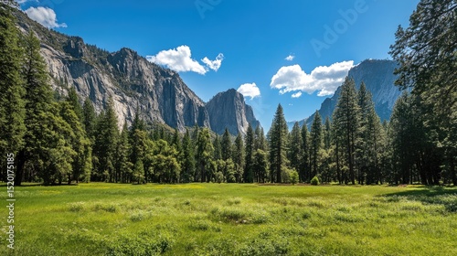 Lush valley floor surrounded by steep cliffs and towering vertical formations covered in trees