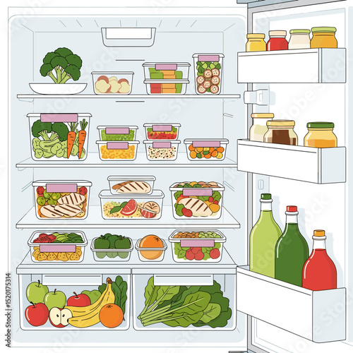 Organized refrigerator with healthy food and containers