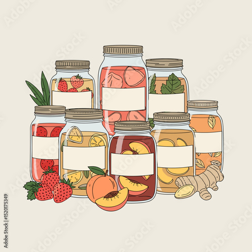Preserved jars filled with colorful fruits and herbs