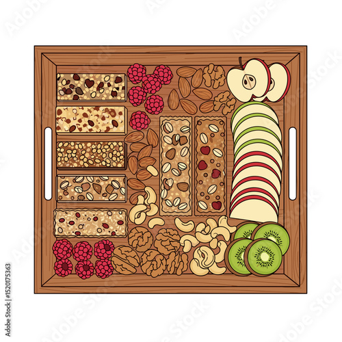 Nutritious snack platter with fruit and nut bars on wooden tray