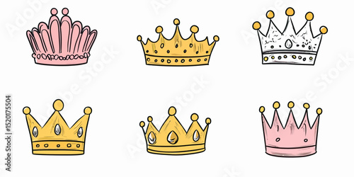 Set of six hand drawn doodle crowns in pink and yellow gold with jewels and simple line art style isolated on white background vector illustration royalty tiara regal accessories collection