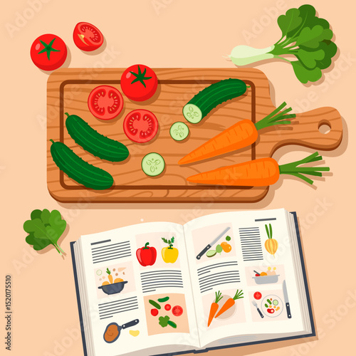 Vegetables on wooden chopping board with recipe book