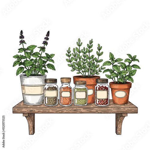 Herbs in pots on wooden shelf with spice jars