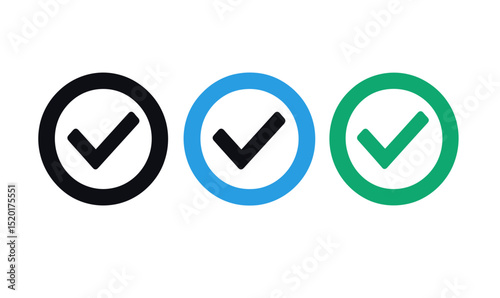 Set of three check mark icons inside circular outlines in black, blue, and green colors, confirmation symbols isolated on white background, minimal flat design vector