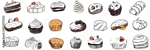 Hand drawn doodle assorted desserts cupcakes muffins pastries with cream strawberries and chocolate minimalist vector illustration food bakery sweets collection set