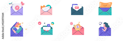 Colorful flat minimalist vector set of eight different email envelope icons featuring message notification, sent mail, inbox, love letter, letter and phone call communication symbols