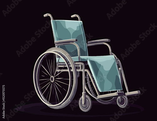 Minimalist vector illustration of empty modern wheelchair with teal seat and black background suitable for accessibility and medical concepts