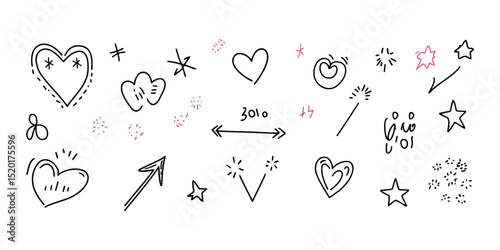 Hand-drawn doodle hearts stars arrows sparkle elements set with simple black and pink line art for decorative accents and emphasis in minimalist style vector illustration