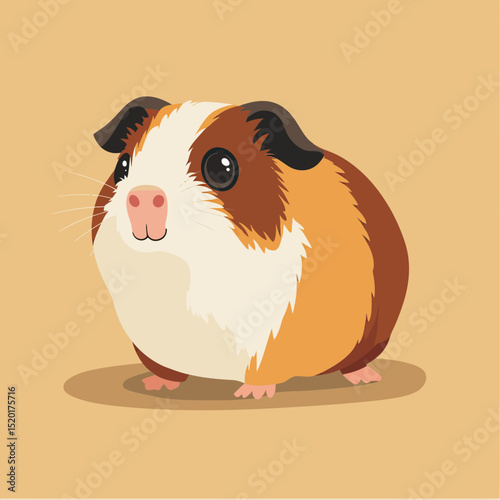 Cute tricolor guinea pig cartoon with big eyes and pink nose in minimalist flat vector style on beige background