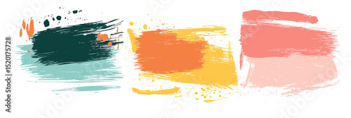 Abstract colorful brush stroke paint splashes in teal green orange yellow and pink arranged horizontally on white background for artistic design and creative backgrounds vector illustration