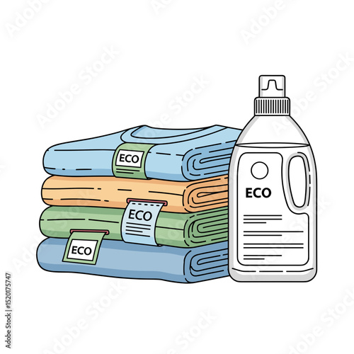 Eco laundry with folded clothes and detergent bottle