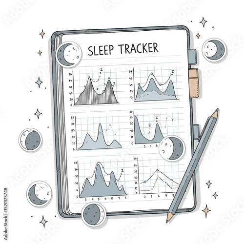 Sleep tracker notebook with graphs and moon illustrations