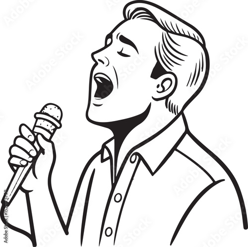 Man Singing in Microphone Vector Illustration, Sketch Drawing Line Linear Symbol Icon Engraving Coloring Book, Hand-drawn Black and White Isolated