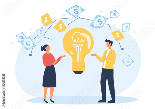 Business people discussing creative idea represented by large light bulb surrounded by dollar bills symbolizing financial investment and funding concept in flat vector style