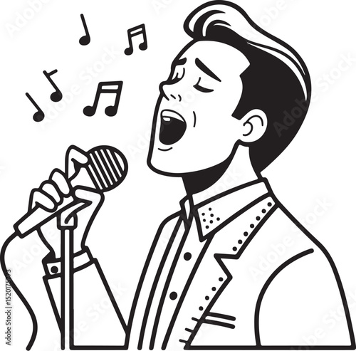 Man Singing in Microphone Vector Illustration, Sketch Drawing Line Linear Symbol Icon Engraving Coloring Book, Hand-drawn Black and White Isolated
