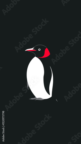 Minimalist flat vector illustration of a standing penguin with black white and red coloring on dark background in simple geometric style for wildlife and nature concepts