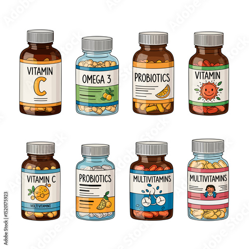 Assorted vitamin bottles with colorful labels