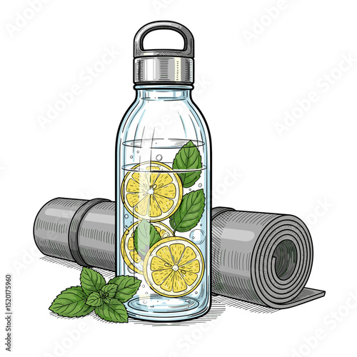 Lemon-infused water bottle with mint leaves and yoga mats