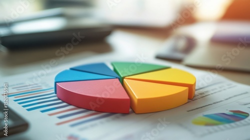 Colorful Pie Chart on Financial Report with Office Supplies in View