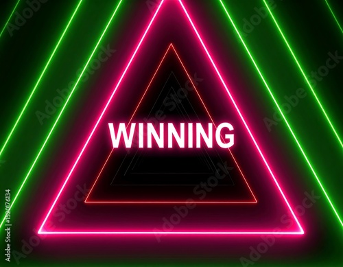 Neon triangles framing winning text