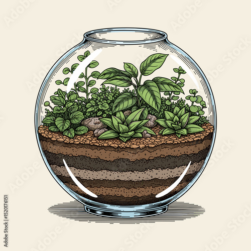 Glass terrarium with layered soil and green plants