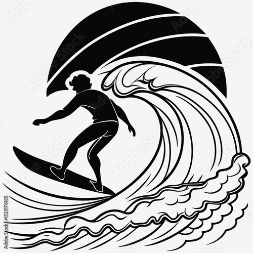 A surfer riding a wave during sunset silhouette image vector art and illustration	