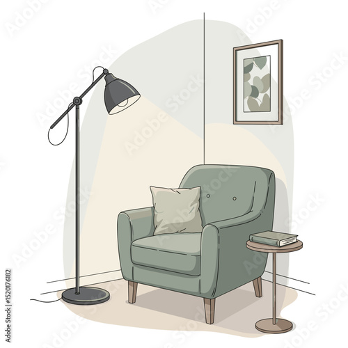 Cozy reading corner with armchair and lamp in soft tones