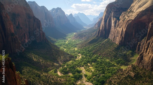 Lush valley floor surrounded by steep cliffs and towering vertical formations covered in trees