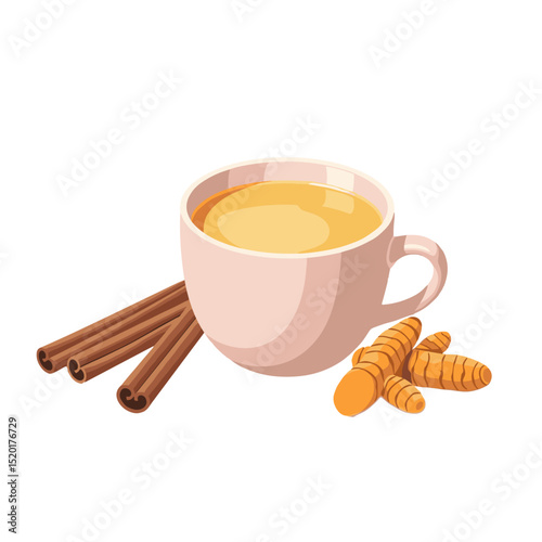 Turmeric latte with cinnamon sticks in warm tones