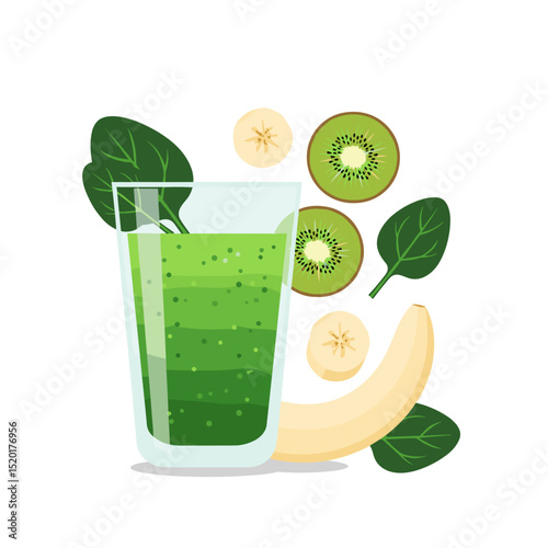 Green smoothie with banana and kiwi in flat style