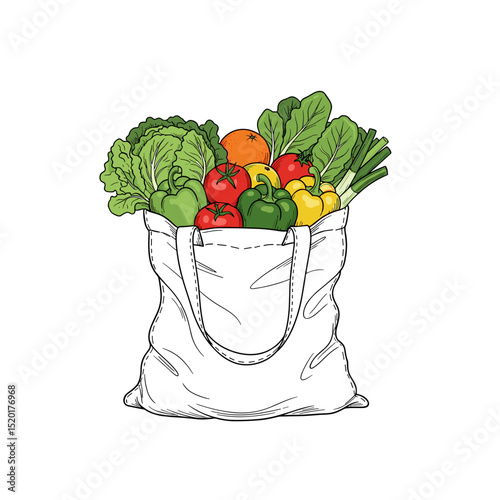 Grocery bag filled with fresh vegetables on white background
