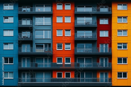 Vibrant Colorful Facade. Modern Urban Apartment Architecture Photography with Geometric Patterns and Bold Colors Sustainable Contemporary Real Estate in Downtown Cityscape