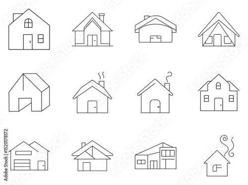 Vector house outline icon set, minimalistic home designs, modern graphic illustration