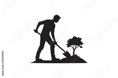  A man digging  silhouette with a simple, understated design set against a white background